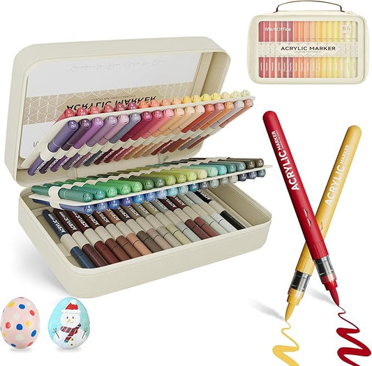 MemOffice Direct Liquid Acrylic Paint Markers, 84 Colors Brush Tip Pens with Carrying Case, No Bleed, Waterproof, for Rock, Wood, Canvas, Glass, Fabric, DIY Crafts for Adults