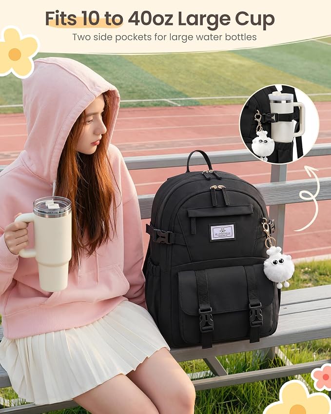 LOVEVOOK School Backpack for Teen Girls, Bookbag for 8-16 Student, Middle High College Back to School Cute Kids Backpack, 15.6 Inch, Black