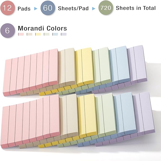 Mr. Pen- Lined Sticky Notes, 3" x 3", 12 Pads, 60 Sheets/Pad, Morandi Color, Bulk Sticky Notes with Lines, Ruled Post Stickies, Memo Pads, Self-Stick Note Pad for Office, School, Home, Study