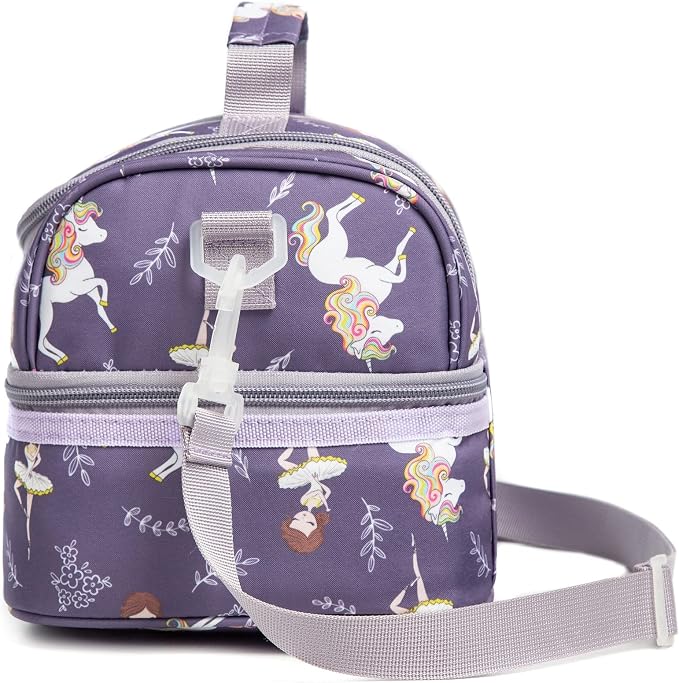 Insulated Kids Dual Compartment Lunch Bag Tote Pack for Girls Boys Toddler Kindergarten School Picnic Food Cooler Hot Water Ice with Strap (Ballet Dancer)