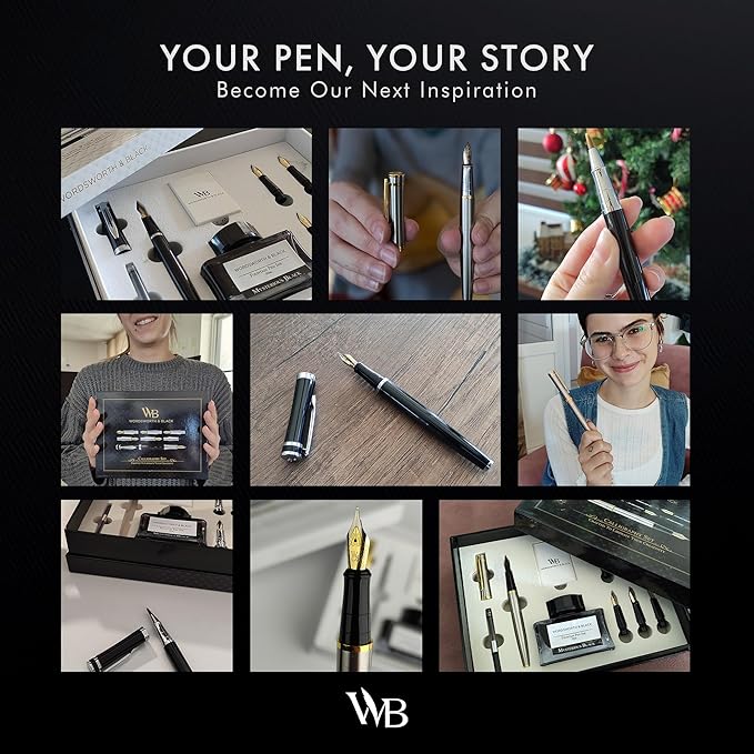 Wordsworth & Black Calligraphy Pen Gift Set, Includes Ink Bottle, 6 Ink Cartridges, A Refill Converter, 6 Replacement Nibs, Journaling, Smooth Writing Pens [Black Rose Gold]