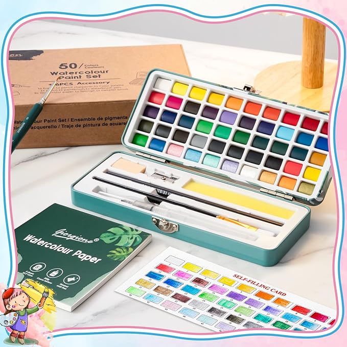 Prudiut 50 Colors Watercolor Paint Set, With Watercolor Paper, Palette, Brushes, Water Color Art Supplies for Beginner Artists Adults Mothers Day Gifts for Mom