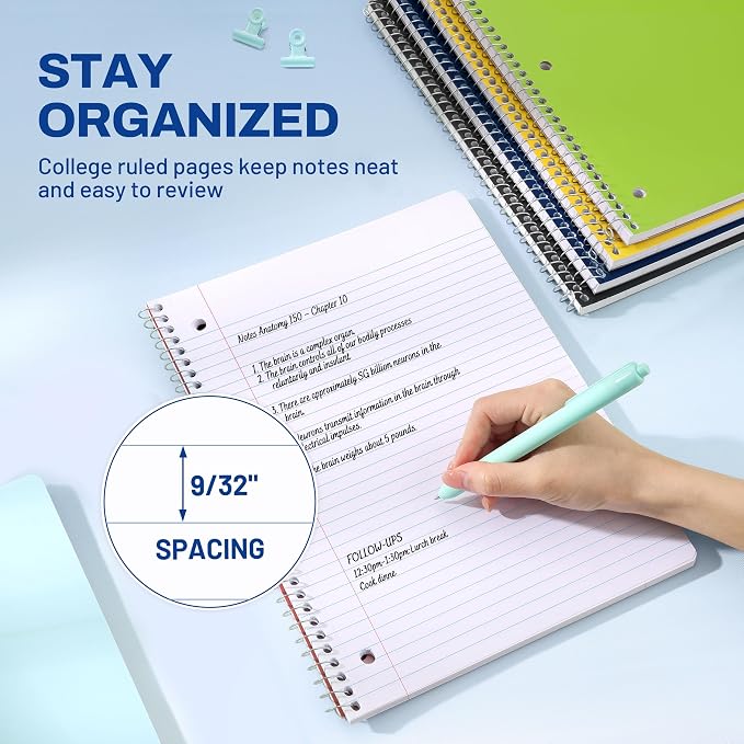 SUNEE Spiral Notebooks, 1-Subject, 5 Pack, College Ruled Paper, 8" x 10-1/2", 70 Sheets per Notebook, 3-Hole Punched Paper, Spiral Lined Notebooks for School, Work, Classic Colors