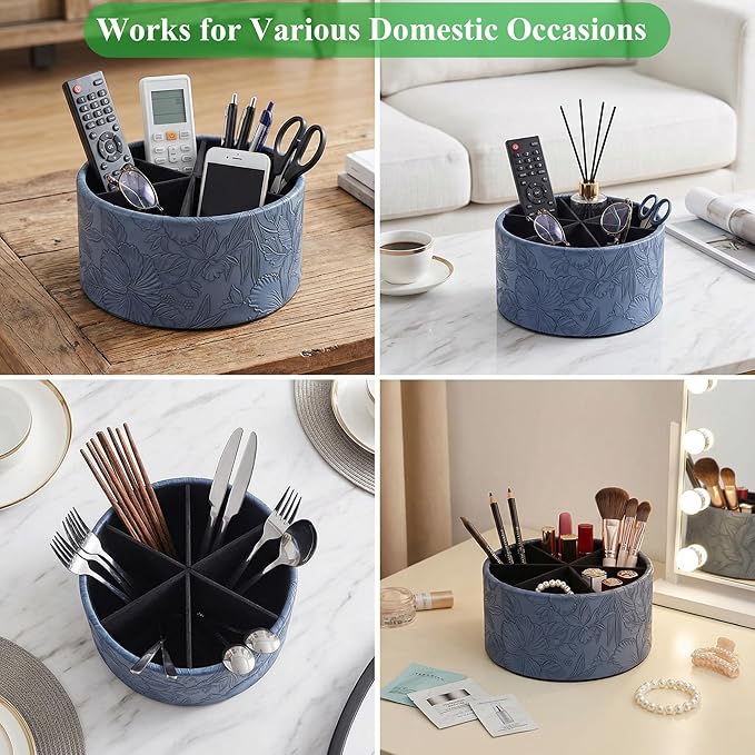Remote Control Holder, 360°Spinning PU Leather Desk TV Remote Caddy,Desk Storage Box Room Accessories for Controller, Media,Mail,Calculator, Mobile Phone,Pencil(1-Carved Blue2)
