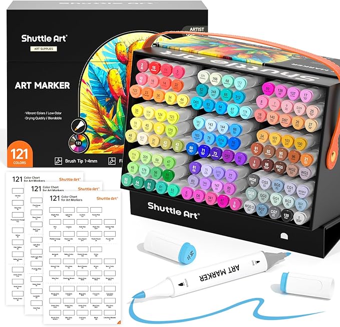 Shuttle Art Brush Tip Alcohol Markers, Dual Tip Brush & Fine Tip Art Marker Set, 121 Colors Marker Pens with Organized Case Perfect for Illustration Students Adults Coloring Sketching