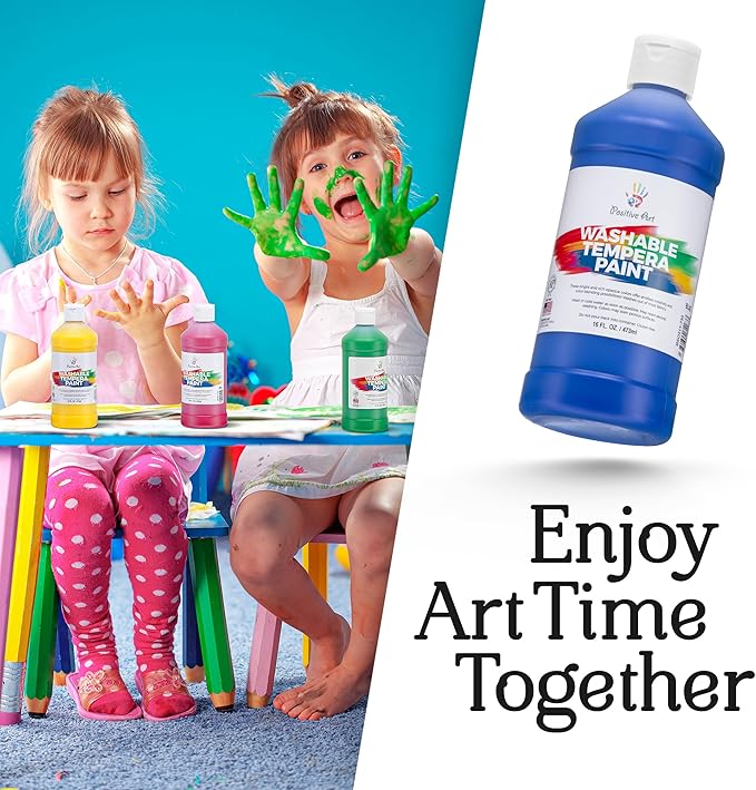 Positive Art Washable Paint for Kids, 12 Colors, 16 oz Bottles, Non-Toxic Tempera Paint Set for School and Classroom, Paraben-Free