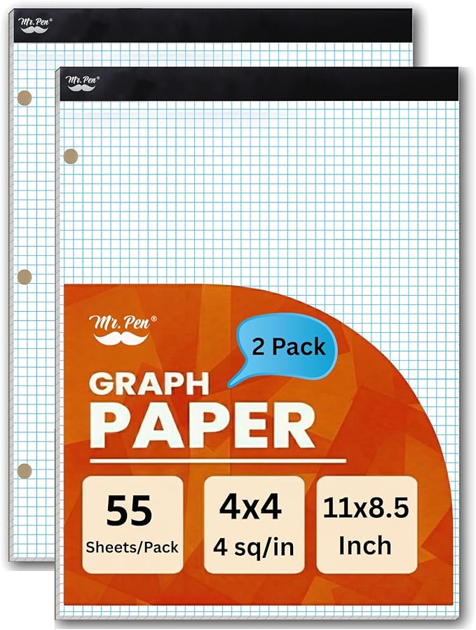 Mr. Pen- Graph Paper, 2 Pack of 55 Sheets, 8.5"x11", 4x4 (4 Squares Per Inch), 3-Hole Punched, Graphing Paper, Grid Paper Pad, Math Graph Paper Pad, Drafting Paper, Computation Pads, Square Paper