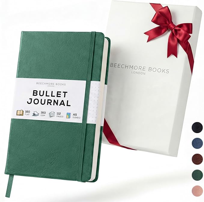 BEECHMORE BOOKS A5 Dotted Journal – 160gsm Thick Paper No-Bleed Bullet Notebook – Hardcover Dot Grid Logbook with Presentation Gift Box – Vegan Leather Sketchbook for Artists & Professionals