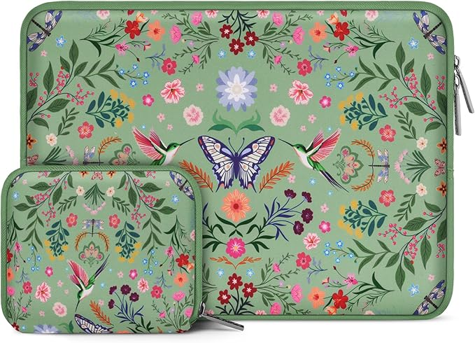MOSISO Laptop Case 13.3 inch, 13-14 inch Laptop Sleeve Bag Compatible with MacBook Air/Pro 13/Pro 14, HP Dell ASUS Lenovo, Neoprene Hummingbird Plants Flowers Computer Bag with Small Case, Green