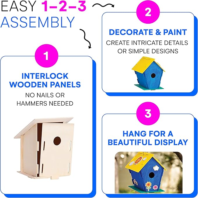 Neliblu 2 Pack Birdhouse Kits for Kids - 6.1" x 5.9" x 3.0" - DIY Craft and Garden Decoration, Pre-cut, Easy to Assemble for Birdwatchers - Includes Paints, Brushes, Birdhouse Kits for Adults to Build