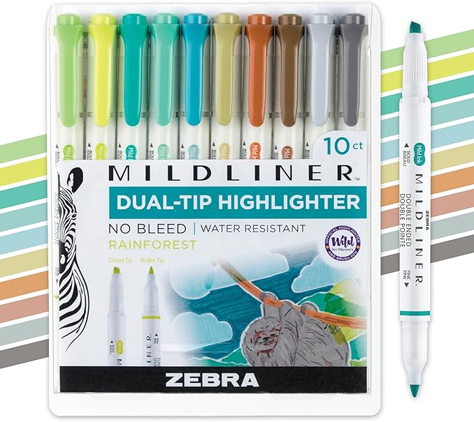 Zebra Pen Mildliner Dual-Tip Highlighter Set, Broad and Fine Tips, No Bleed, Ideal for Bible Highlighting, Journaling, Note-Taking and School Supplies, Assorted Rainforest Ink Colors, 10-Pack (78401)