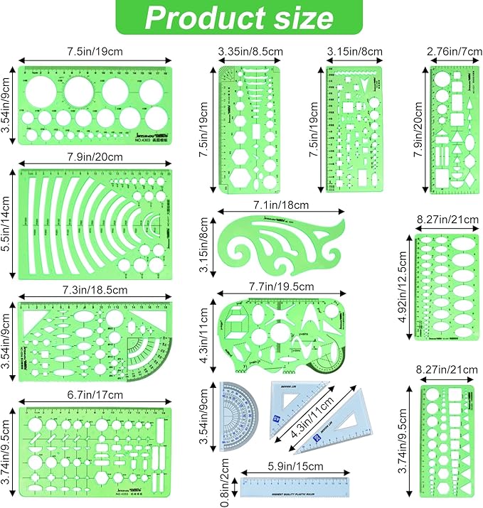15PCS Geometric Drawings Templates,Transparent Green Plastic Ruler, Drafting Stencils Measuring Tools, Measuring Geometry Rulers for Office, Studying