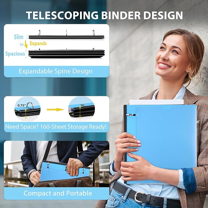 WOT I 4-Pack Telescoping 3 Ring Binder(0.75"), Expandable Flexible Binder - Patented Design for Easy Portability, Holds 8.5"x11" Paper, 4 Bright Colors, Perfect for School, Office&Home Organization
