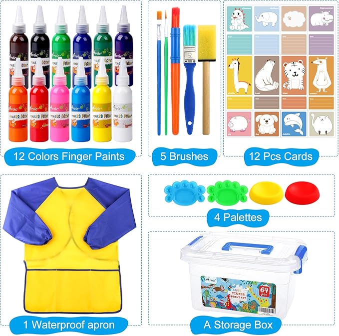 64 Pack Washable Paint Set, 12 Colors Non Toxic Finger Paints with Sponges, Paint Brushes, Waterproof Paint Smock, Palettes, Cards, Storage Box for Art, Crafts, Children Age 12+ and Adults(2 oz Each)