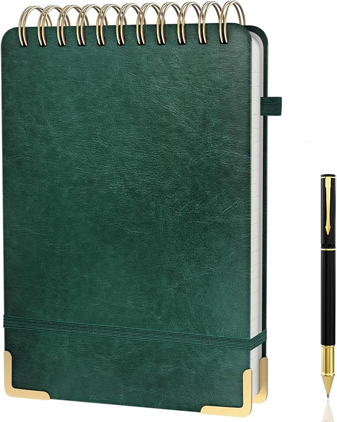 Mousbull A5 Top Spiral Notebook, Large Leather Hardcover Top Bound Steno Pads, 240 Pages 100 gsm Thick Lined Paper Left Handed Notebook Journal for Work, School, Meeting Writing - Green, 5.9" x 8.5"