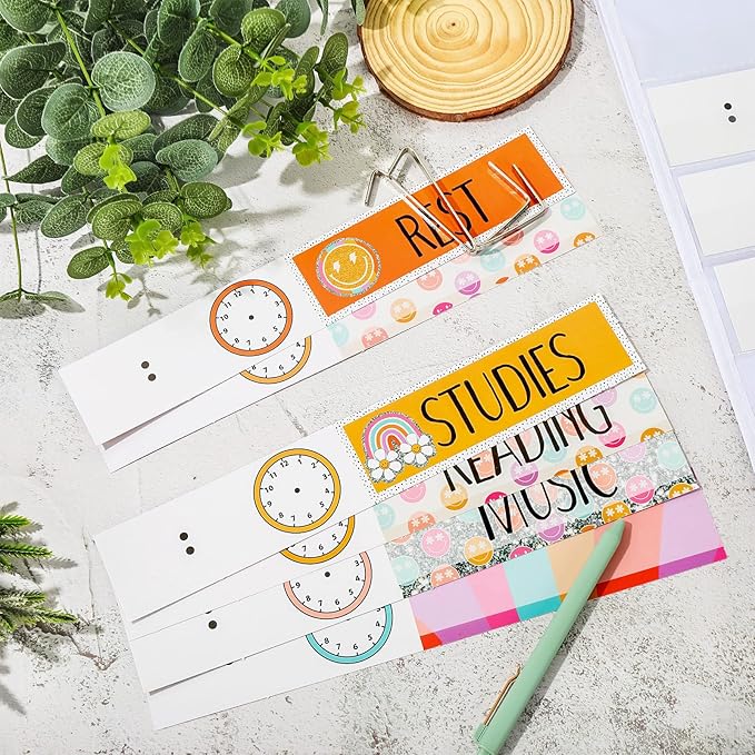 JarThenaAMCS Groovy Daily Schedule Pocket Chart 13 x 35.5 Inch Boho 13 + 1 Pockets Visual Schedule Chart Board with 24 Cards for School Classroom Home Office Supplies