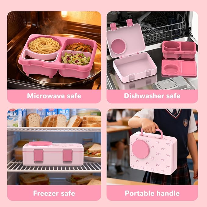 Kids Insulated Lunch Box with 8OZ Thermo Food Jar | Leakproof Bento Box with Ice Pack Sauce Cup Utensils Removable Tray & Dividers for School Daycare Travel, Bows
