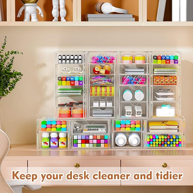 ARSTPEOE 22 Drawers, Acrylic Desk Makeup Organizer, Plastic Drawers Organizer, Stackable Storage Solution for Makeup, Dresser, Office, Bathroom Clear Plastic Craft and Bead Storage Cabinet