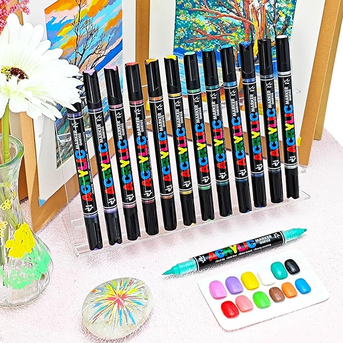 Guangna 36 Colors Acrylic Paint Markers, Dual Tip Paint Markers Pens Set with Soft Brush Tip, Multifunctional Fine Tip Markers for Wood,Canvas,Rock Painting, Glass, Diy Crafts Art Supplies, Waterproof