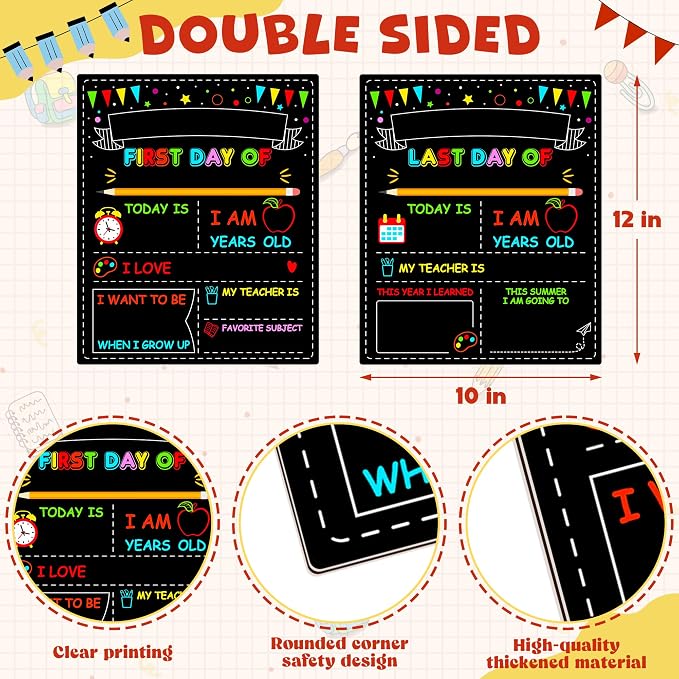 2PCS First Day of School Sign, Double-Sided 1st Last Day Chalkboard | 10 × 12 Inches, Reusable Pre-K Board, Easy to Clean Back to School Sign Board for Kids
