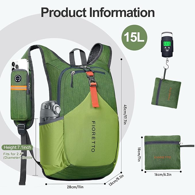 FIORETTO 10L/15L/20L Hiking Backpack for Women Men Mini Packable Backpack Lightweight Small Daypack for Travel Camping