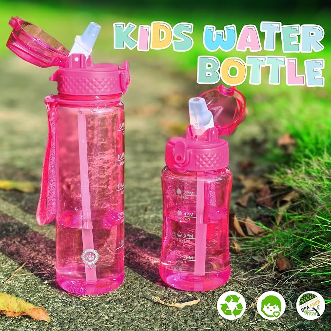 OLDLEY 12oz Kids Water Bottle, Tritan BPA-Free, Leakproof Flip Straw Lid, Motivational Time Marker, Carry Strap, Reusable Clear Water Bottle for Boys & Girls,Eggplant