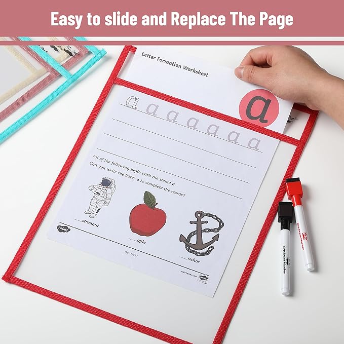 Mr. Pen- Reusable Dry Erase Pocket Sleeves, 10" x 14", 6 Pack, Colorful, Clear Plastic Paper Sleeves, Ticket Holders, Clear Plastic Sheet Protectors, Teacher, School, Classroom Supplies