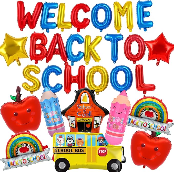 Welcome Back to School Balloons, 29 PCS Back to School Decorations | Back to School Balloon with Letters, School Bus, Apple, Pencil, Rainbow,School and Star Balloons for Classroom Party Supplies