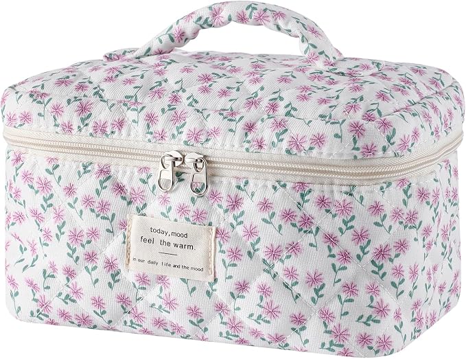 uekeboag Large Travel Quilted Makeup Bag for Women | Soft Floral Cotton Cosmetic Bag, Foldable Coquette Aesthetic Toiletry Organizer