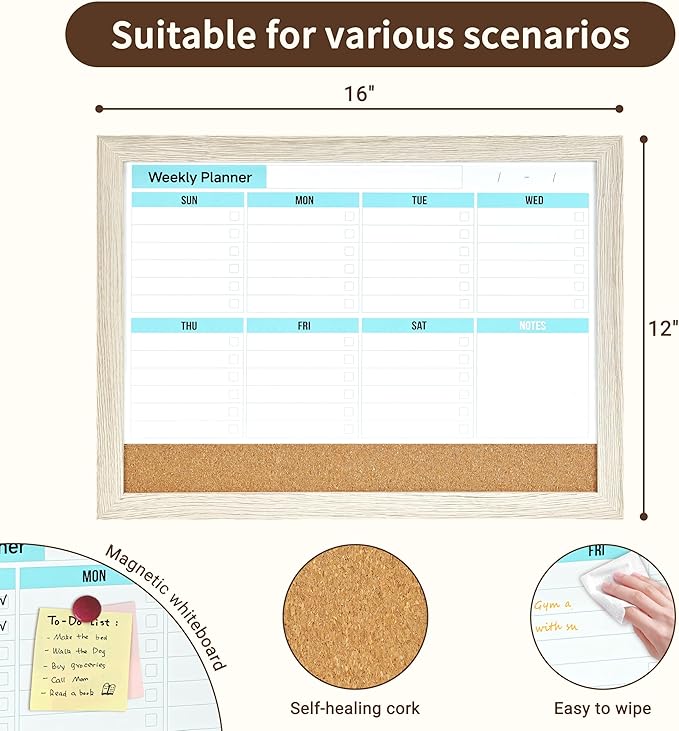 Magnetic Weekly to Do List Planner White Board 16x12 Inch - Dry Erase Calendar Board with Cork Combo for Wall, Home Office Kitchen