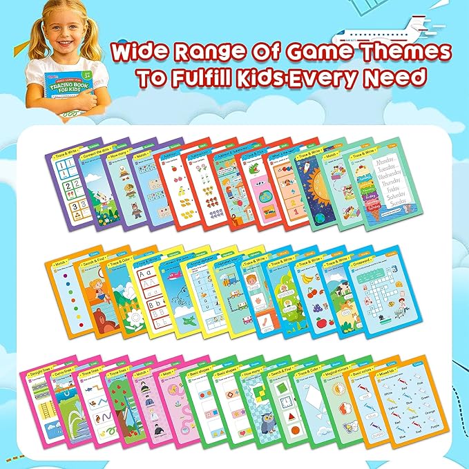 Preschool Learning Activities, Tracing Books for Kids 3+, 54 Reusable Toddler Learning Activities Book, Toddler Handwriting Practice, Montessori Travel Educational Toys, Gifts for Kids Ages 3+