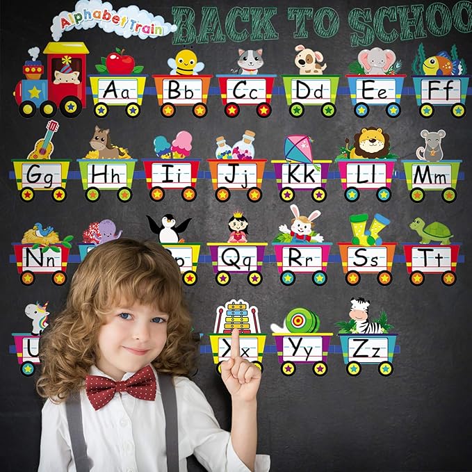 Outus Alphabet Train Bulletin Board Set Animals Alphabet Line Cards for Classroom Wall Letters Banner Decor Early Learning Bedroom Nursery Playroom Decorations Children Kids Teens
