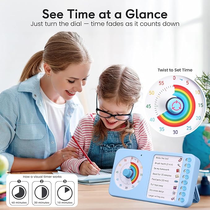 2-in-1 Visual Timer with Task Board for ADHD & Autism, Dry Erase Chore Chart and Visual Schedule for Kids & Adults, Rainbow Countdown Timer for Classroom, Home, Homeschooll (Blue)