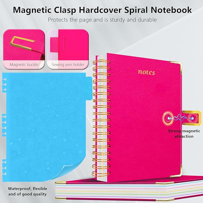 Hardcover Spiral Notebook College Ruled, 6.2"x 8.2" Leather Journal Notebook with Magnetic Closure, 300 Pages 5 Subject Notebook with Dividers Tabs Journal for Women Men, Work, School(Rose Red)