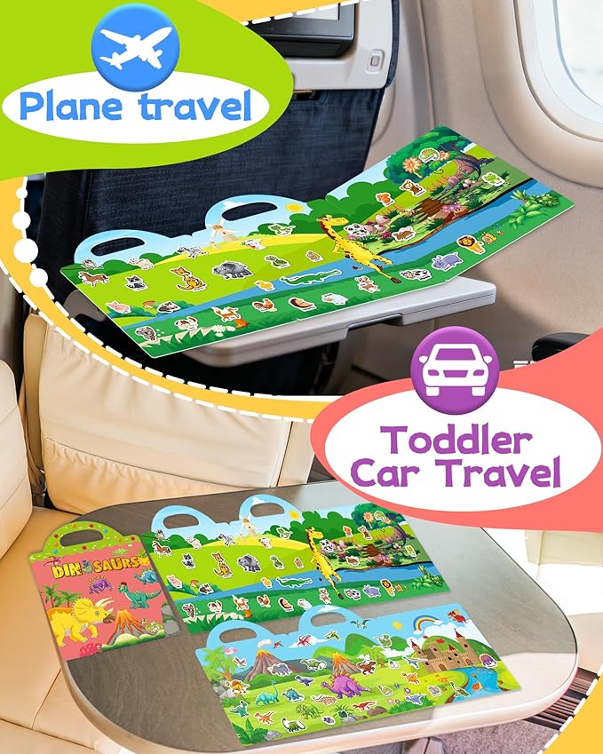 Benresive Reusable Sticker Book for Toddlers, Stickers for Kids, Travel Toys for Arts & Crafts Activities, Birthday Gift for Boys & Girls, Animals Dinosaurs Insects Themes