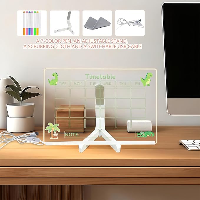 LED Acrylic Erase Board Calendar with Stand，Clear Desktop Calendar Whiteboard for Desk with 7 Color Markers Erasable Markers，Weekly&Monthly Planner，for Home, Office, School, Birthday Gift (Green)