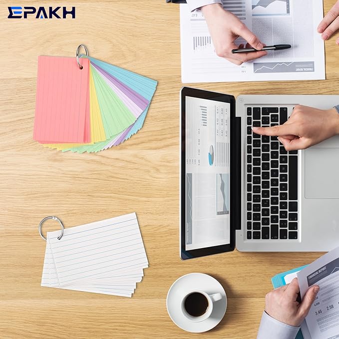 Epakh 300 Pieces Lined Index Cards 180 GSM Thick Flash Cards with Rings Notecards Punched Back to School for Studying Adults Home College Office(3 x 5 Inch,Light Color)