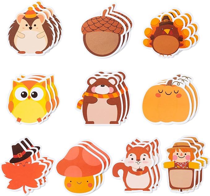 Xqumoi 30 Pack Turkey Pumpkin Sticky Notes, Total 600 Sheets, Cute Thanksgiving Fall Animal Fox Bear Hedgehog Harvest Self Sticky Memo Pads for Office School Classroom Student Kids Autumn Party Favor