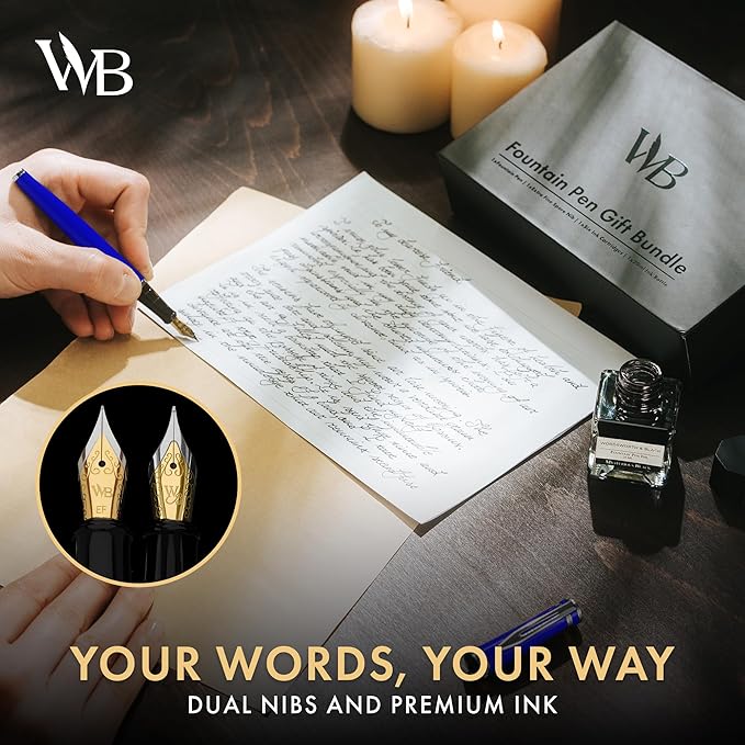 Wordsworth & Black Fountain Pen Set,18K Gilded Medium and Extra Fine Nib,25ML Black Ink Bottle,6 Ink Cartridges,Refill Converter,Gift Box,Smooth Writing Pens [Blue Chrome],Gift Set for Men and Women