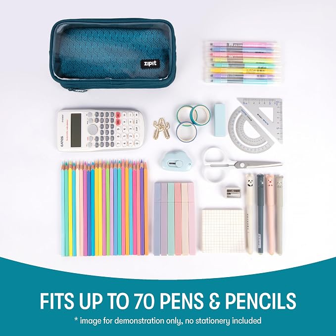 ZIPIT Half & Half Pencil Case, 3-Compartment Aesthetic Zipper Pouch, Teal | Clear-front pencil case for school, dedicated organizer panels, holds up to 70 pens & pencils, durable easy-care polyester
