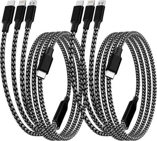 USB C Multi Charging Cable [2Pack 4FT], 3 in 1 Charging Cable Nylon Braided Multiple Charger Cord, Travel Charger with Type-C, Micro USB and IP Port for iPhone 17/16/15 Series/Cell Phones and More