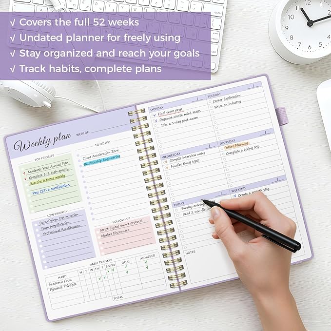 Oucaru Undated Weekly Planner, A5 To Do List Notebook with Goal & Habit Tracker Organizer, 52 Weekly Planner Notebook with Spiral Binding for Office Home School Supplies