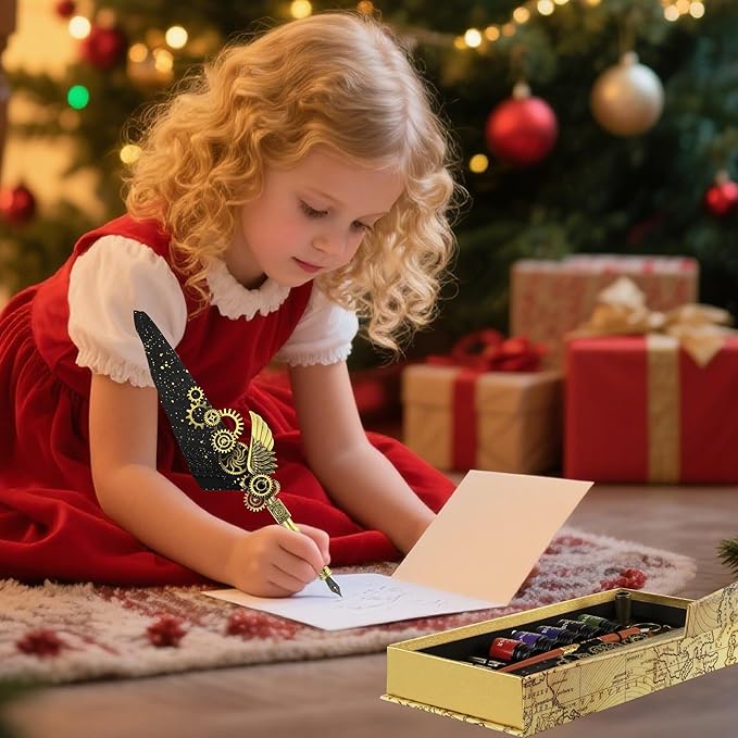 Feather Pen and Ink Set Calligraphy Kit for Beginners with Quill Pen, Antique Vintage Stationary Set for Writing, Signing & Hand Lettering Art(Black feather)