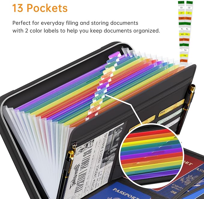 Tamfile Fireproof Accordion File Organizer with Handle, 13 Pocket Colorful Expanding File Folder with Zipper & Labels, File Folder with Multi-Pockets Paper Organizer Folder for Letter A4 Files (Black)