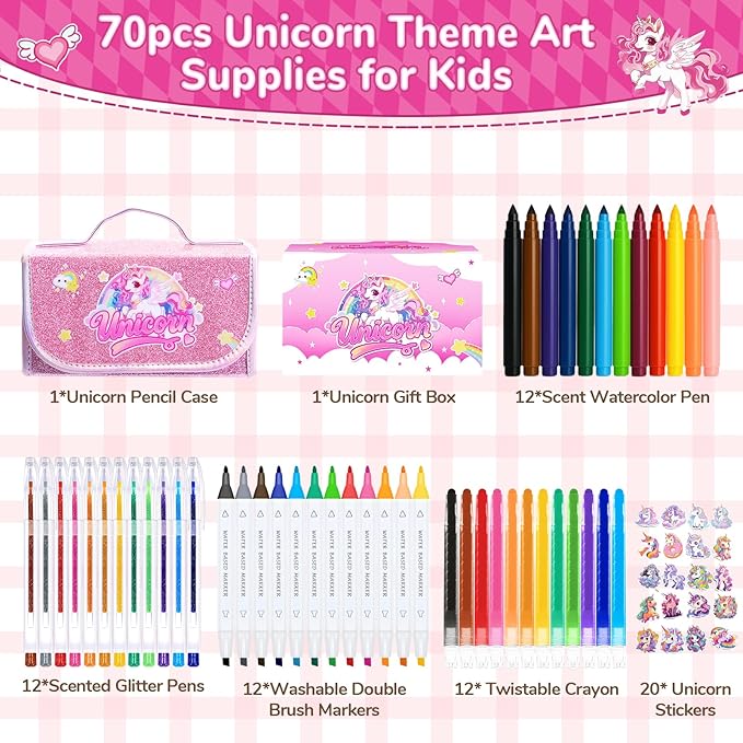 70 PCS Unicorn Arts and Crafts for Girls Ages 4-6-8, Art Supplies Set with 3D Rainbow Glitter Pencil Case, Washable Dual Markers, Scented Gel Pens, Twist-up Crayons & Unicorn Stickers, Birthday Gift
