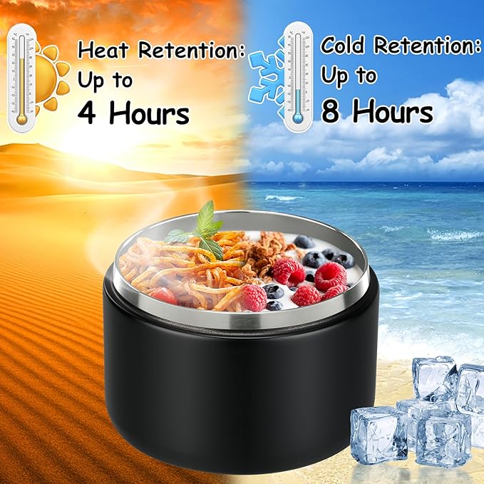 Pawtong 12oz Insulated Vacuum Food Jar with Buckle Lid Wide Mouth Soup Thermo for Hot Food Kids Leakproof Stainless Steel Lunch Container- Black- 1Pack