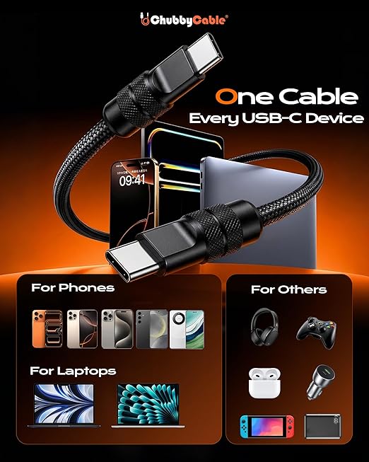 chubbycable Flex USB C to USB C Cable 240W Fast Charging Soft Braided Heavy-Duty Type C Charger 6.6FT for iPhone 17, MacBook Pro, Samsung Galaxy, Black