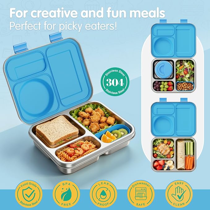 Stainless Steel Bento Box Kids Adult with 8oz Soup Thermo, 3 Compartments Metal Bento Lunch Box with Insulated Food Jar,Lunch Box Container Sauce Cup for School,BPA-Free(Blue)
