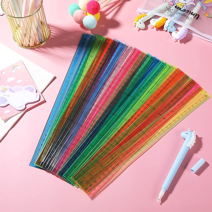 Tenare 20 Pieces Clear Plastic Rulers 12 Inch Bulk Straight Rulers with Inches and Centimeters Transparent Shatterproof for Kids Math Supplies Students School Office Measuring Tools(Multicolor)