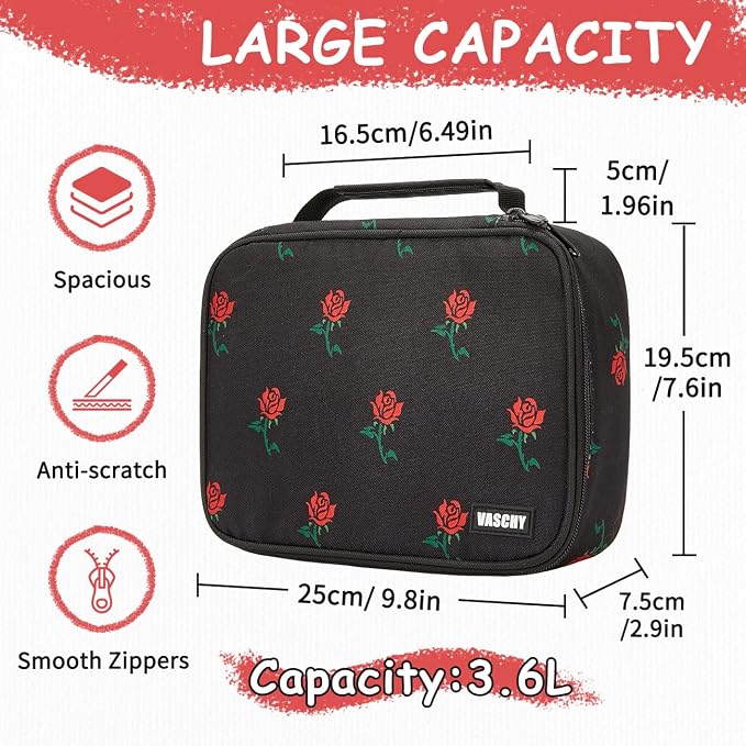 VASCHY Large Pencil Case Bag, Art Supply Marker Organizer Big Pen Pouch with Detachable Layers Slots Multiple Zipper Pockets for Kids Adults School Office Black Rose